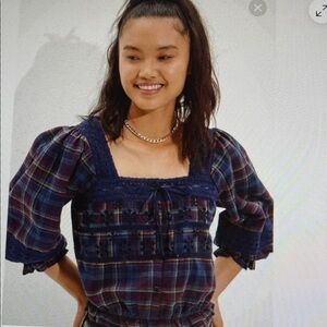 Flannel Crochet Embroidery Crop Blue Plaid Elastic Waist PuffSleeve Smock Top XL
